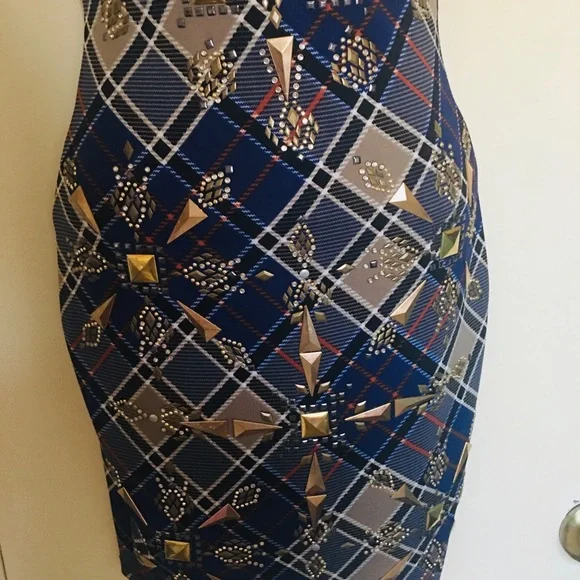 Va Va Voom Blue and Gold Geometric Dress - Picture 4 of 7